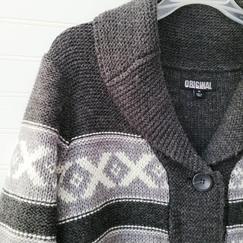 Nicole Miller Cardigan Sweater Size M Gray Fairisle Grandpa Sweater Pockets - Picture 4 of 9